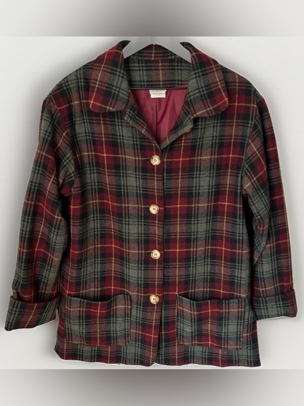 Vintage Jaclyn Smith wool blend burgundy black green plaid coat jacket - size 12